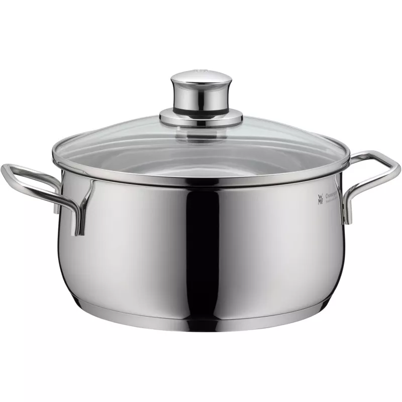 Batería cocina Diadem Plus WMF 5 piezas acero Cromargan con diseño moderno y acabado brillante, incluye olla con tapa de vidrio.
