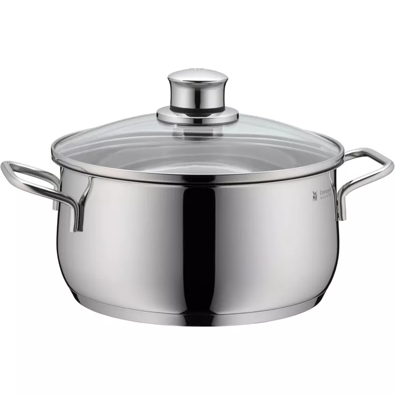 Cacerola baja WMF Diadem Plus 16 cm acero inox brillante con tapa de vidrio y asas ergonómicas