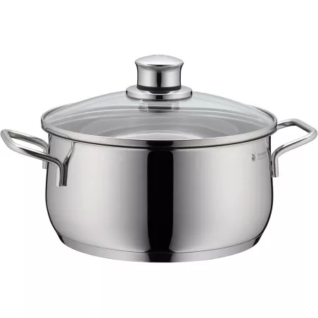 Cacerola baja WMF Diadem Plus 16 cm acero inox brillante con tapa de vidrio y asas ergonómicas