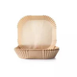 Bandejas desechables Ibili 688520 para freidora de aire – 50 uds en color kraft, diseño rectangular con borde rizado.