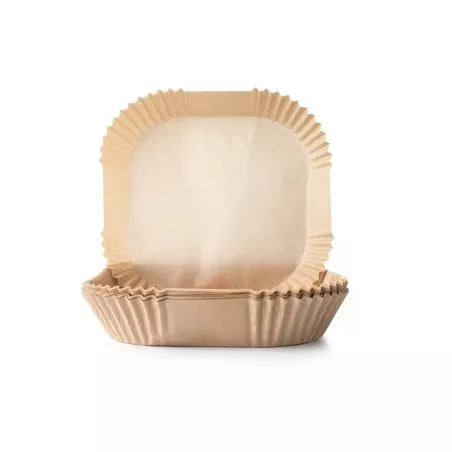 Bandejas desechables Ibili 688520 para freidora de aire – 50 uds en color kraft, diseño rectangular con borde rizado.