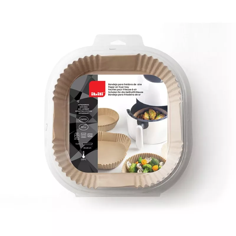 Bandejas desechables Ibili 688520 para freidora de aire – 50 uds, en papel kraft, formato cuadrado, ideal para cocinar sin engra