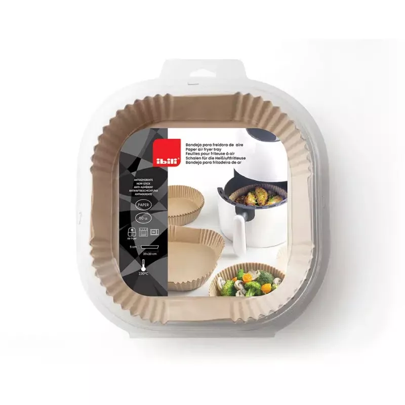 Bandejas desechables Ibili 688520 para freidora de aire – 50 uds en color marrón de papel antiadherente y formato cuadrado.