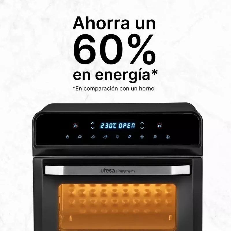 Horno freidora de aire Ufesa Magnum 23L 1800W negro con panel digital y diseño moderno para cocinar de manera eficiente.