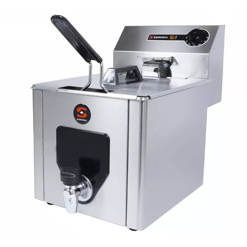 Freidora eléctrica profesional Sammic PF-10 trifásica 8L 5100W de acero inoxidable con grifo de drenaje y tapa.