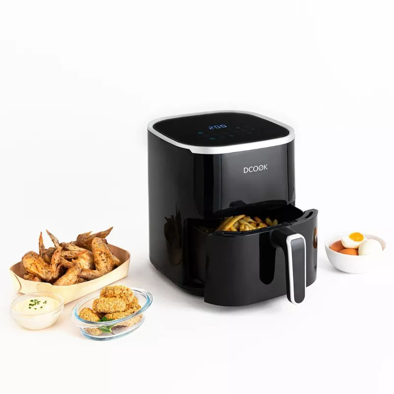 Freidora de aire DCook Gallery 4,6L 1450W negra de diseño compacto y moderno con cesta extraíble y temporizador digital.