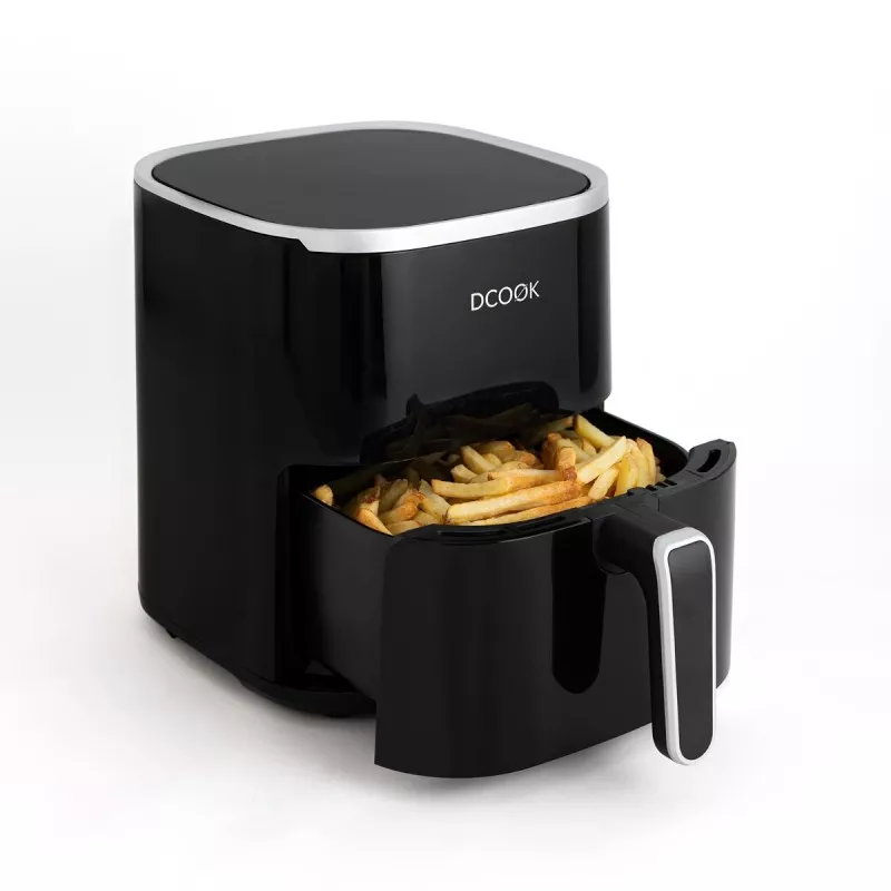Freidora de aire DCook Gallery 4,6L 1450W en color negro brillante con diseño moderno y cesta desmontable para freír saludables.