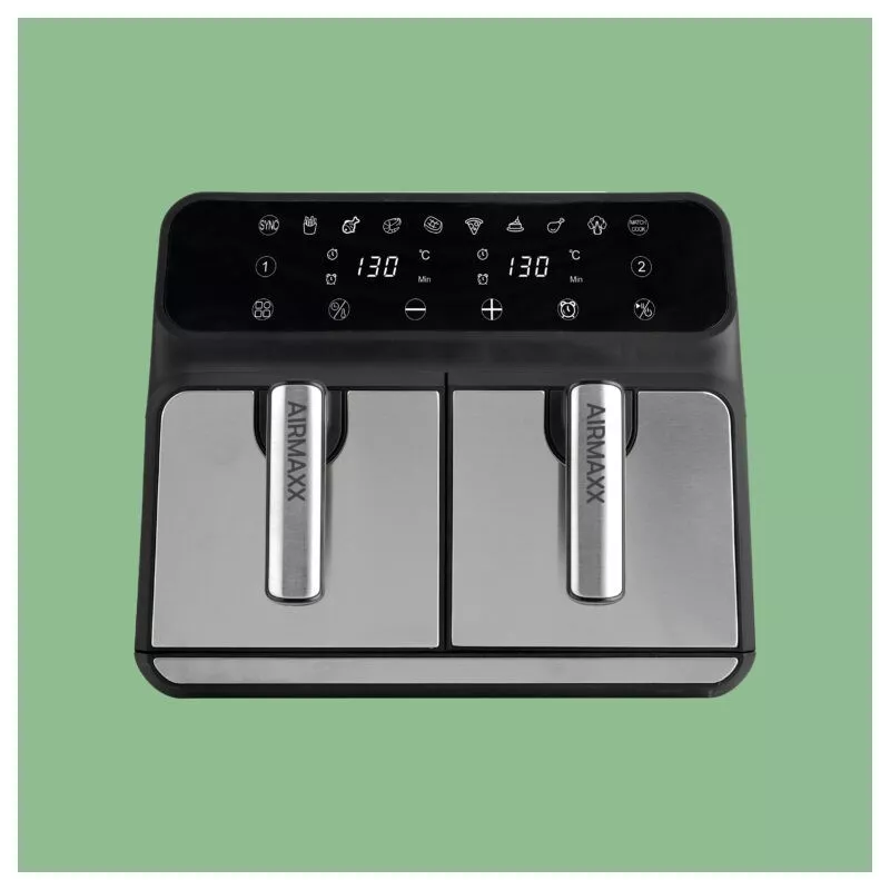 Freidora de aire dual TM TMPFR200 8L 2400W digital con diseño moderno en acero inoxidable y panel táctil de control.