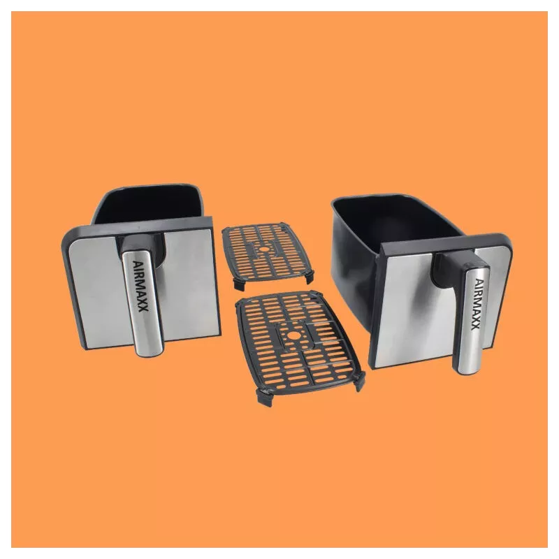 Freidora de aire dual TM TMPFR200 8L 2400W digital con cestas de acero inoxidable y diseño elegante en negro.