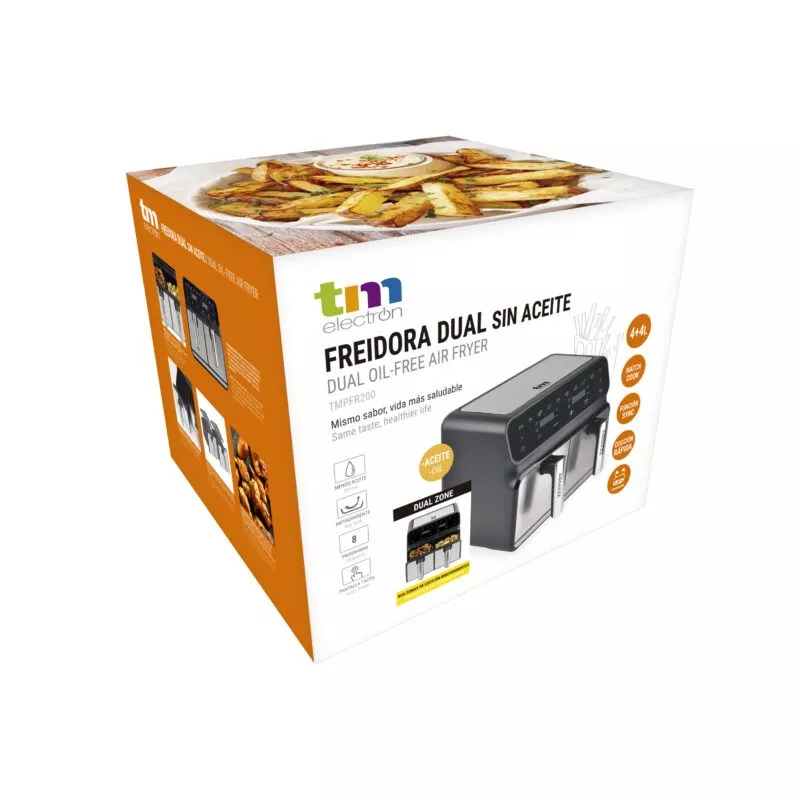 Freidora de aire dual TM TMPFR200 8L 2400W digital con diseño negro y gris, sin aceite, ideal para cocinar saludable.