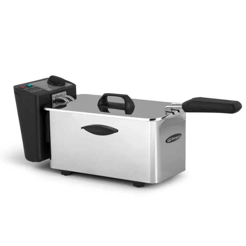 Freidora de aceite Orbegozo FDR25 2,5L 2000W inox con diseño de acero inoxidable y tapa negra desmontable.