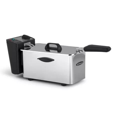 Freidora de aceite Orbegozo FDR25 2,5L 2000W inox con diseño de acero inoxidable y tapa negra desmontable.