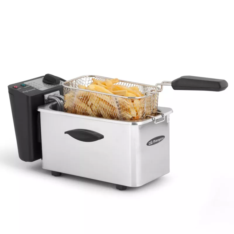 Freidora de aceite Orbegozo FDR25 2,5L 2000W inox con diseño compacto y acabado en acero inoxidable.