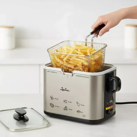 Freidora de aceite Jata FR326E 1,3L 1000W inox en acero inoxidable con cesta dorada y tapa de vidrio.