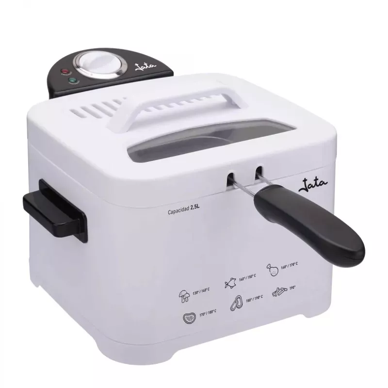 Freidora de aceite Jata FR278 2,5L 2000W blanca con diseño compacta y tapa de vidrio resistente.
