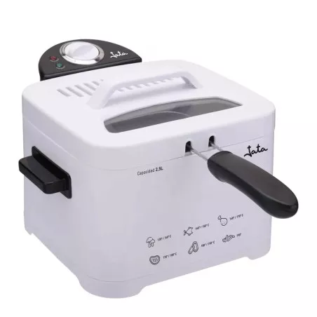 Freidora de aceite Jata FR278 2,5L 2000W blanca con diseño compacta y tapa de vidrio resistente.