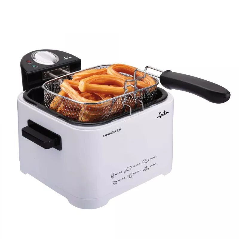 Freidora de aceite Jata FR278 2,5L 2000W blanca con diseño compacto y cesto de acero inoxidable para fritura perfecta.