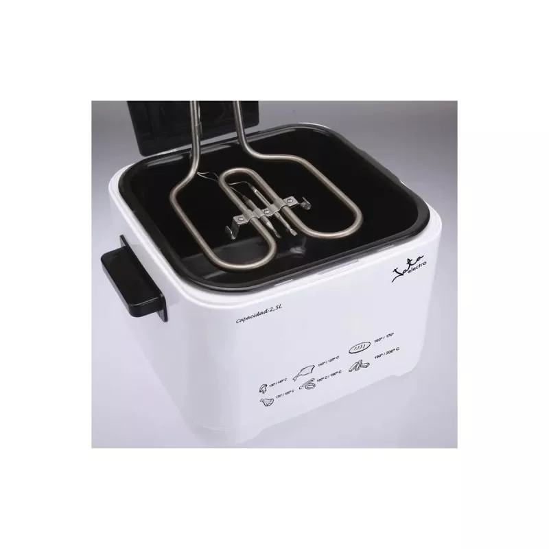Freidora de aceite Jata FR278 2,5L 2000W blanca con diseño cuadrado y cesta de acero inoxidable desmontable.