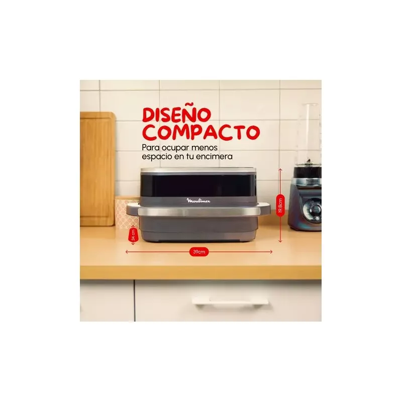 Freidora de aire Moulinex EasyFry XL 4L 2000W compacta de color negro y plata, acero inoxidable con diseño moderno.
