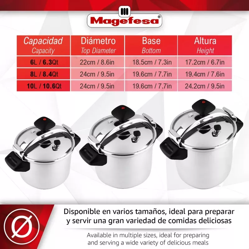 Olla a presión Magefesa Inoxtar 6L de acero inoxidable, inducción, diseño elegante, apta para cocinar rápido.