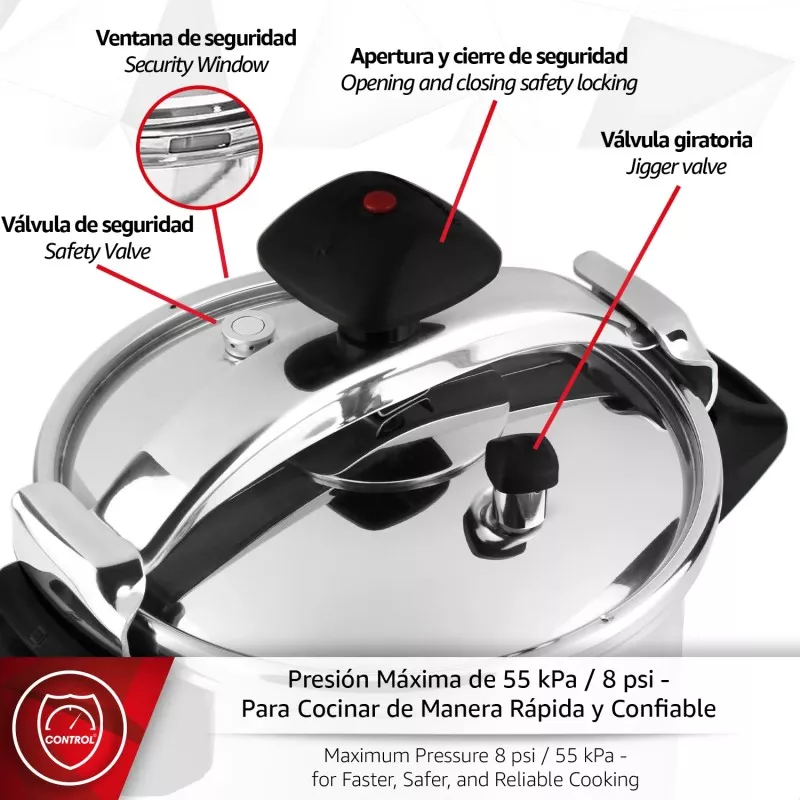 Olla a presión Magefesa Inoxtar 6L de acero inoxidable con acabado pulido y válvula de seguridad ajustable