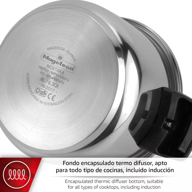 Olla a presión Magefesa Inoxtar 6L de acero inoxidable con fondo difusor apto para inducción y todo tipo de cocinas
