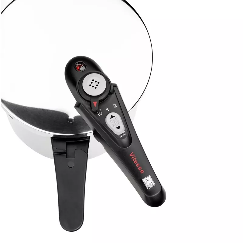 Olla a presión BRA Vitesse 6L de acero inoxidable con asa negra y sistema de seguridad para inducción.