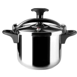Olla a presión Lacor Genius 4L de acero inoxidable con diseño moderno y acabado brillante, apta para inducción.