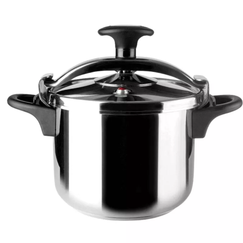 Olla a presión Lacor Genius 4L de acero inoxidable con diseño moderno y acabado brillante, apta para inducción.
