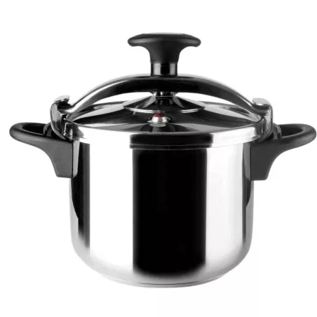 Olla a presión Lacor Genius 4L de acero inoxidable con diseño moderno y acabado brillante, apta para inducción.
