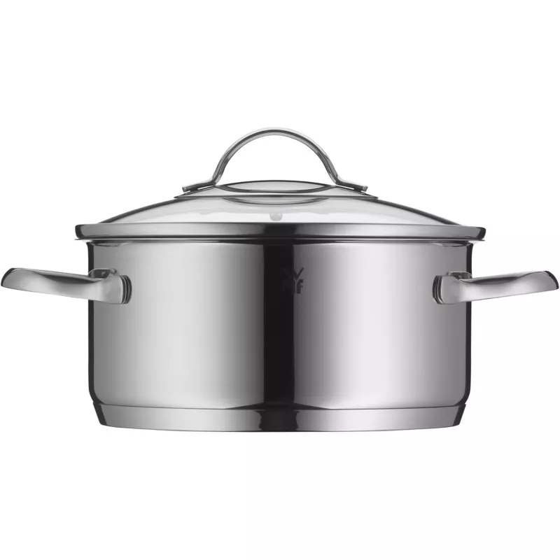 Olla baja WMF Provence Plus 16 cm acero inoxidable brillante apta para inducción con tapa y asas ergonómicas.