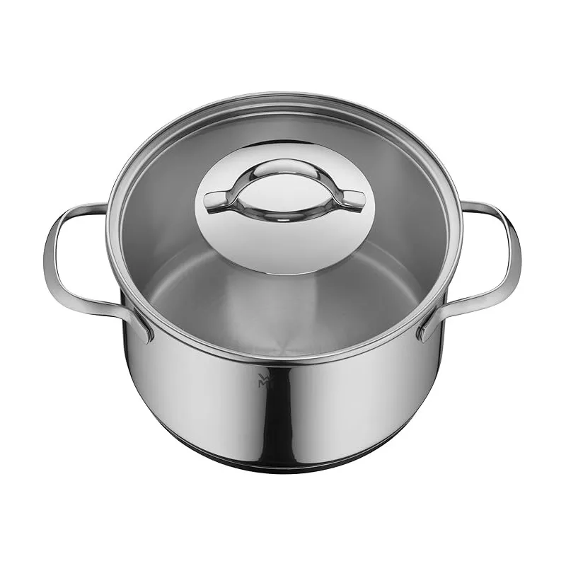 Olla baja WMF Provence Plus 16 cm de acero inoxidable brillante con tapa, apta para inducción y fácil limpieza.