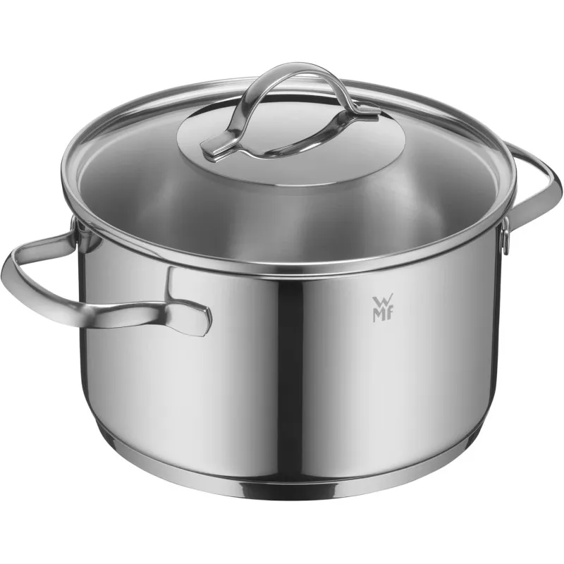 Olla baja WMF Provence Plus 20 cm de acero inoxidable con tapa y asas, ideal para inducción y cocción uniforme.