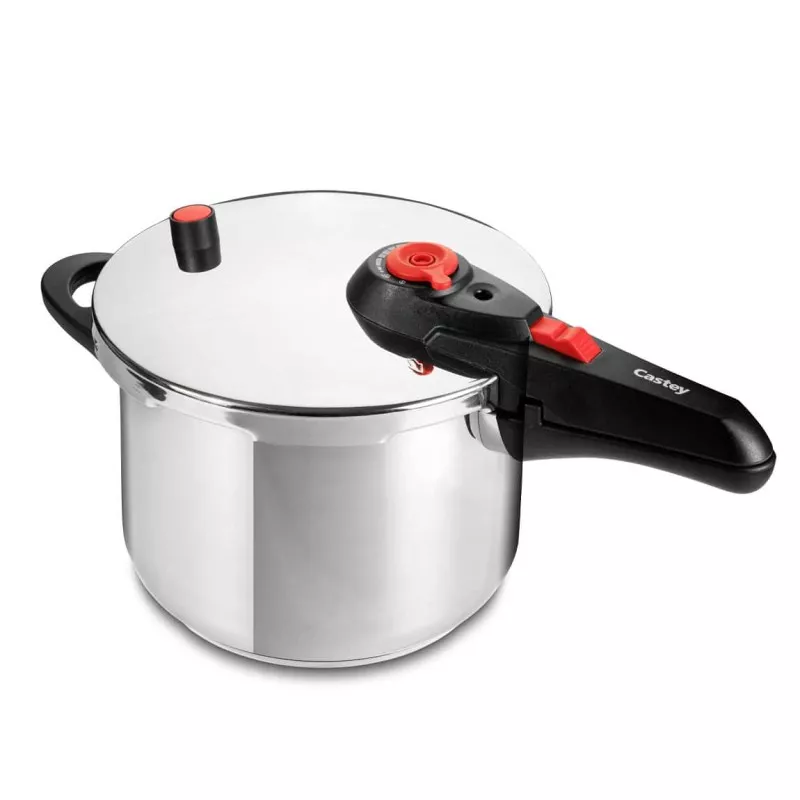 Olla a presión Castey Home EY100 6L acero inoxidable con tapa de seguridad y mango ergonómico en negro y rojo