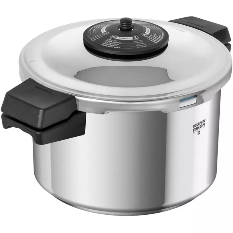 Olla a presión Kuhn Rikon Duromatic Neo Classic 5L de acero inoxidable con tapa de cierre rápido y asas ergonómicas.