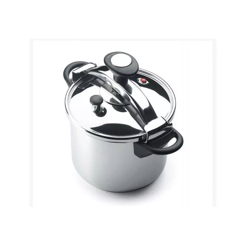 Olla a presión Alza Melisa 10L de acero inoxidable con diseño brillante y tapón de seguridad.