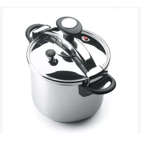 Olla a presión Alza Melisa 10L de acero inoxidable con diseño brillante y tapón de seguridad.
