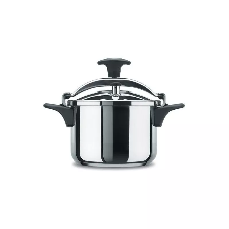 Olla a presión Alza Melisa 4L en acero inoxidable pulido con diseño ergonómico y mangos antideslizantes.
