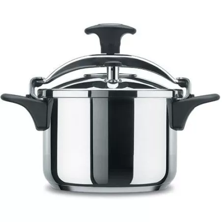 Olla a presión Alza Melisa 4L en acero inoxidable pulido con diseño ergonómico y mangos antideslizantes.