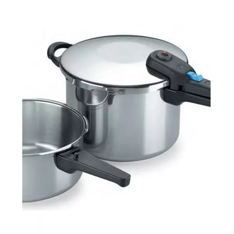 Olla a presión Alza Omega Duplex 4+6 L inox inducción, acabado brillante, diseño funcional y tapa de seguridad.