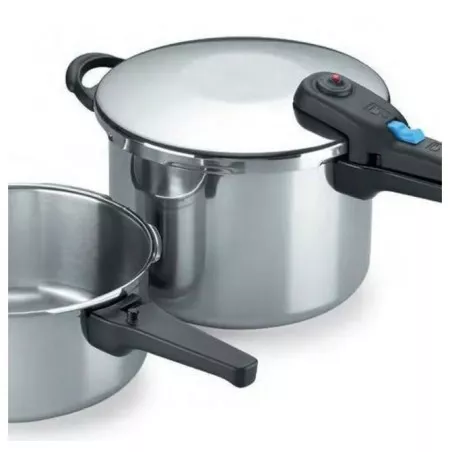 Olla a presión Alza Omega Duplex 4+6 L inox inducción, acabado brillante, diseño funcional y tapa de seguridad.