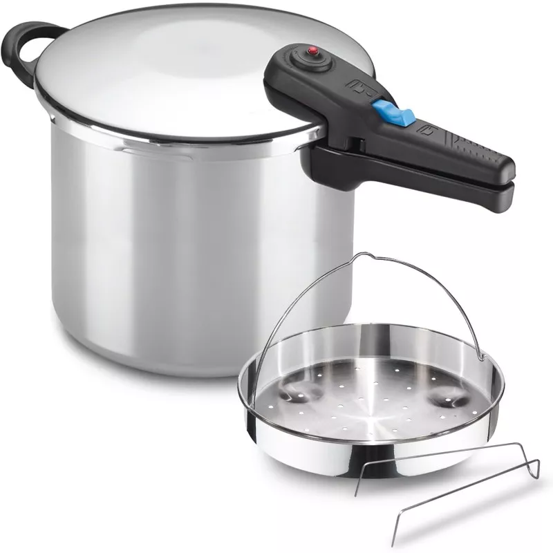 Olla superrápida Alza Omega 8L acero inoxidable con diseño moderno, tapa de seguridad y cesta para vapor.
