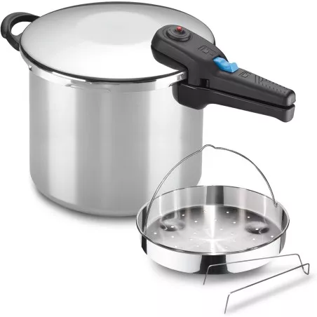 Olla superrápida Alza Omega 8L acero inoxidable con diseño moderno, tapa de seguridad y cesta para vapor.
