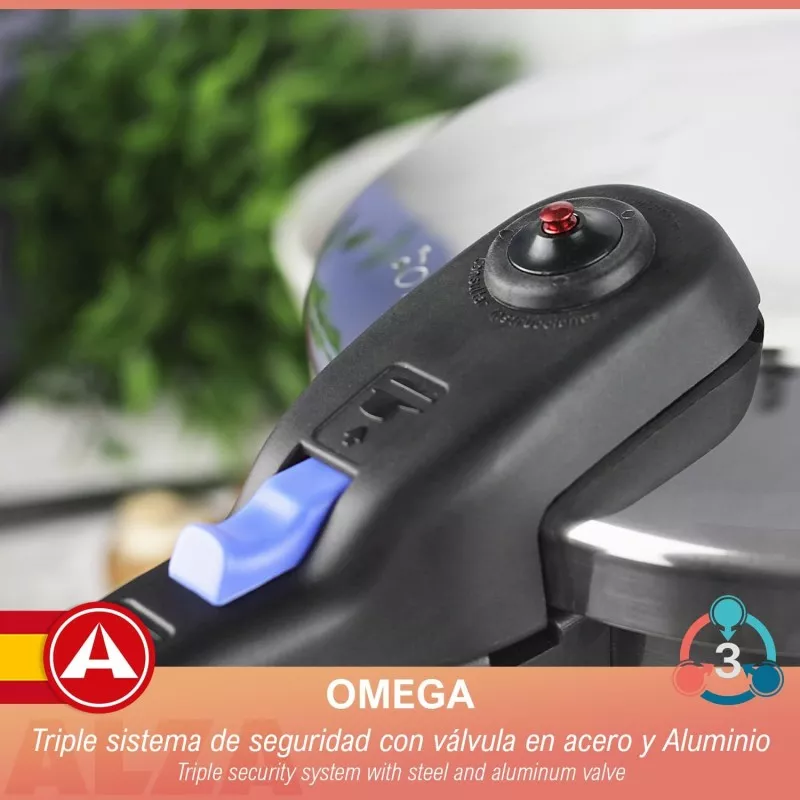 Olla superrápida Alza Omega 8L acero inoxidable con diseño ergonómico y sistema de seguridad avanzado