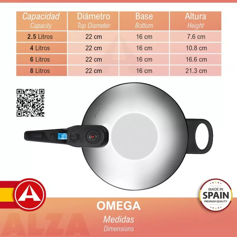 Olla superrápida Alza Omega 8L acero inoxidable con diseño elegante y acabado pulido, ideal para cocción rápida.