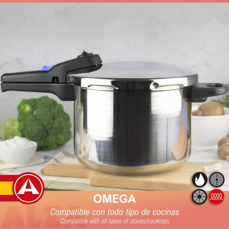 Olla superrápida Alza Omega 8L acero inoxidable con tapa a presión y acabado pulido, compatible con todo tipo de cocinas