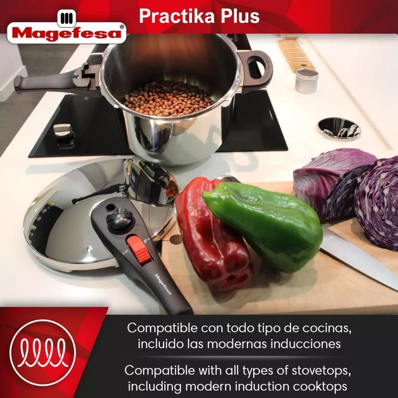 Olla a presión Magefesa Practika Plus 6L inducción de acero inoxidable brillante con tapa de seguridad y mango ergonómico