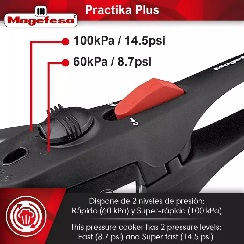 Olla a presión Magefesa Practika Plus 6L inducción con diseño ergonómico, tapa de seguridad y dos niveles de presión.