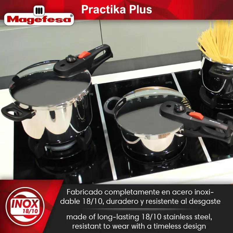 Olla a presión Magefesa Practika Plus 6L inducción de acero inoxidable 18/10, duradera y resistente al desgaste