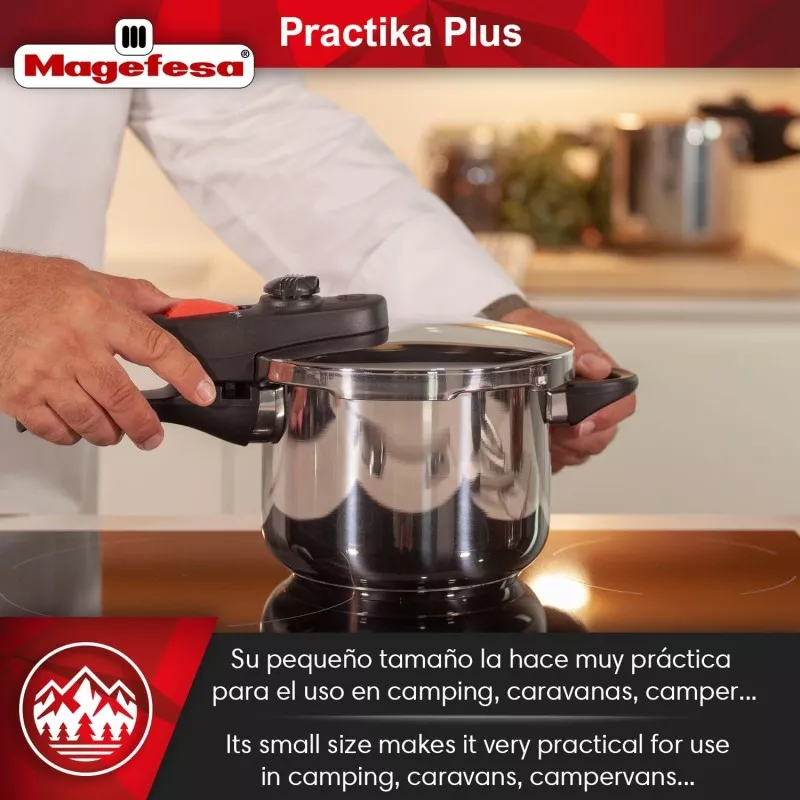 Olla a presión Magefesa Practika Plus 6L inducción de acero inoxidable con acabado pulido y diseño compacto ideal para cocción r